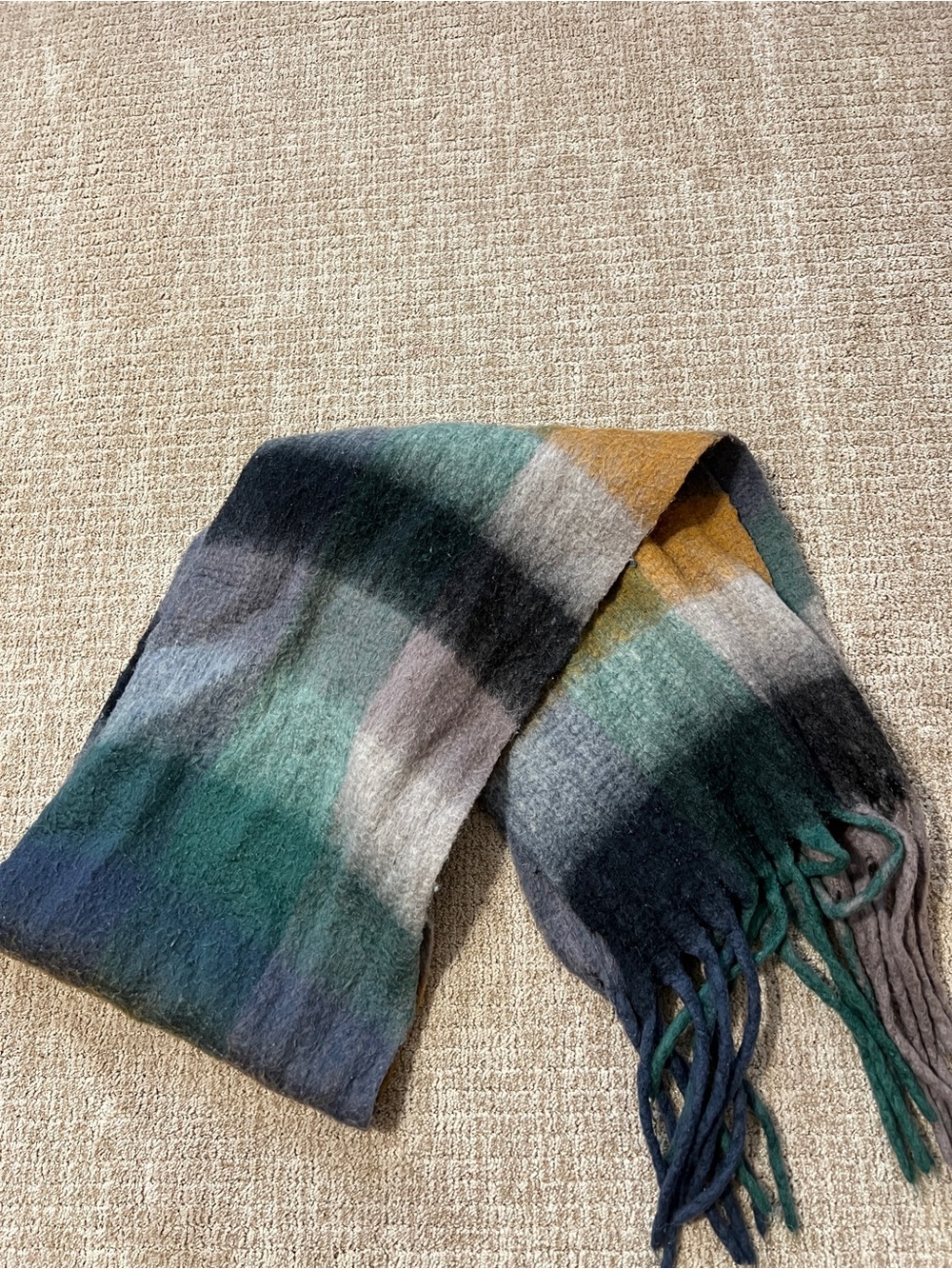 Soft Plaid Fringe Scarf in Teal, Gray & Mustard - Brand Unknown